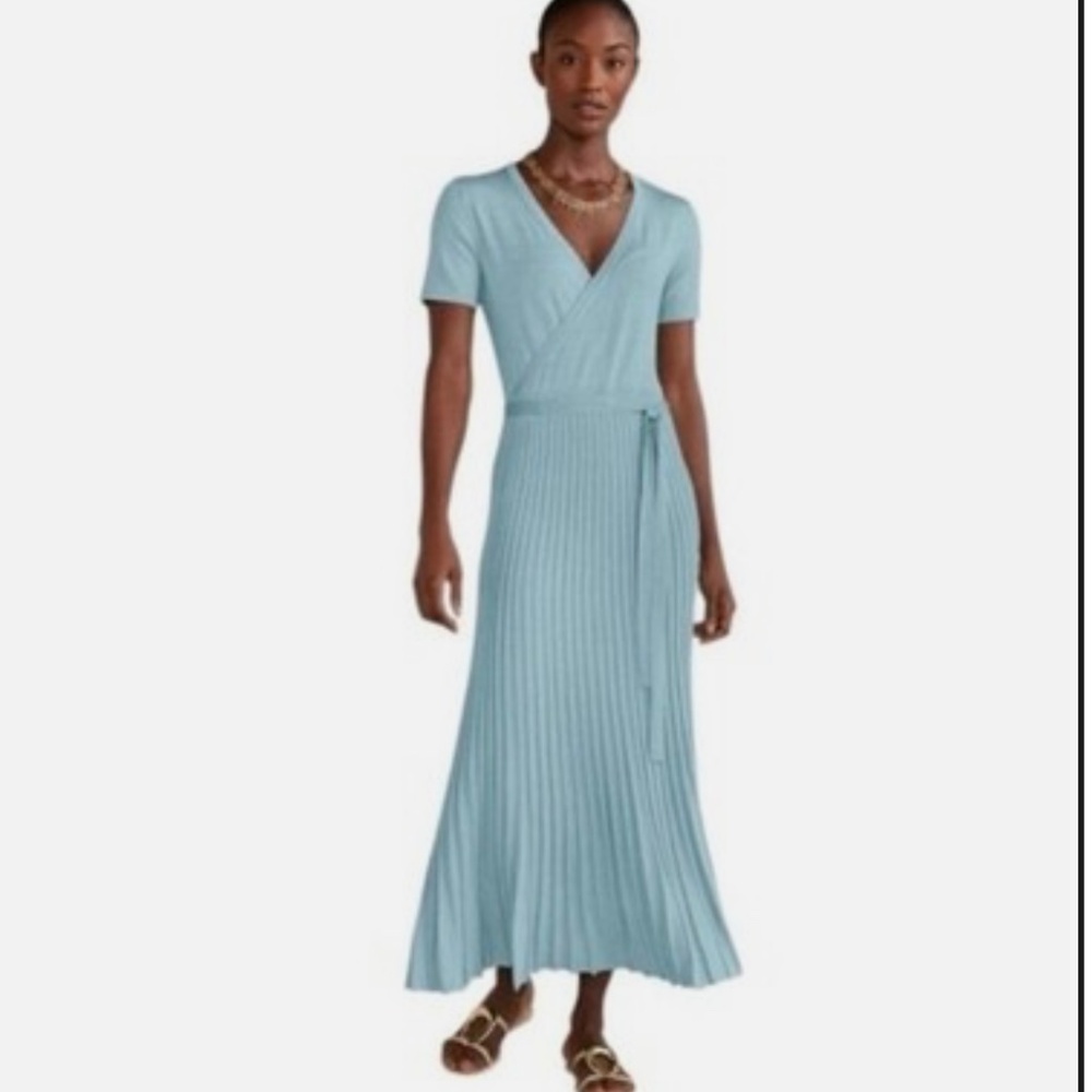 Soft Surroundings Janelle Aquatic Blue Pleated Metallic Knit Maxi Dress Size L